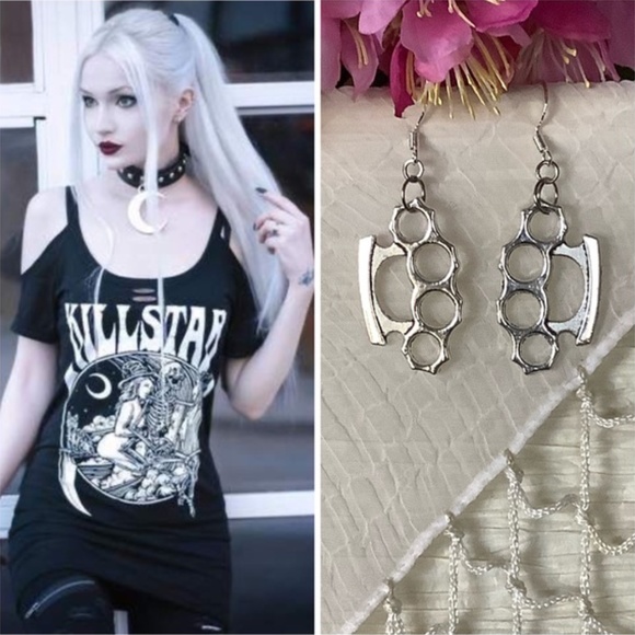 🍒 BRASS KNUCKLE EARRINGS SILVER 925 PUNK ROCK ROCKER EMO ROCKER COOL HIP - Picture 8 of 8